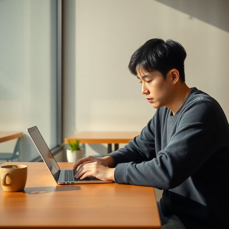 제주 카페에서 노트북으로 강의를 수강하는 학습자